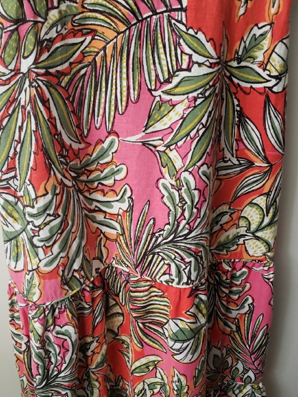 C&C California Pink & Orange Tropical Print Maxi Tiered Linen Blend Dress- L - Picture 4 of 13